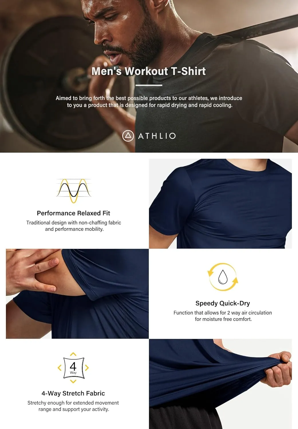 ATHLIO Men's Workout Running Shirts, Sun Protection Quick Dry Athletic Shirts, Short Sleeve Gym T-Shirts