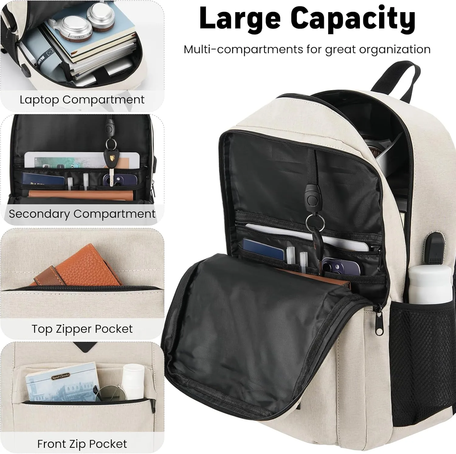 Backpack for Men and Women, School Backpacks for Teens Boys, 15.6 Inch Laptop Bookbag Classic Computer Bag with 2 Compartment & USB Charger Port for College Work Travel Business (Beige)