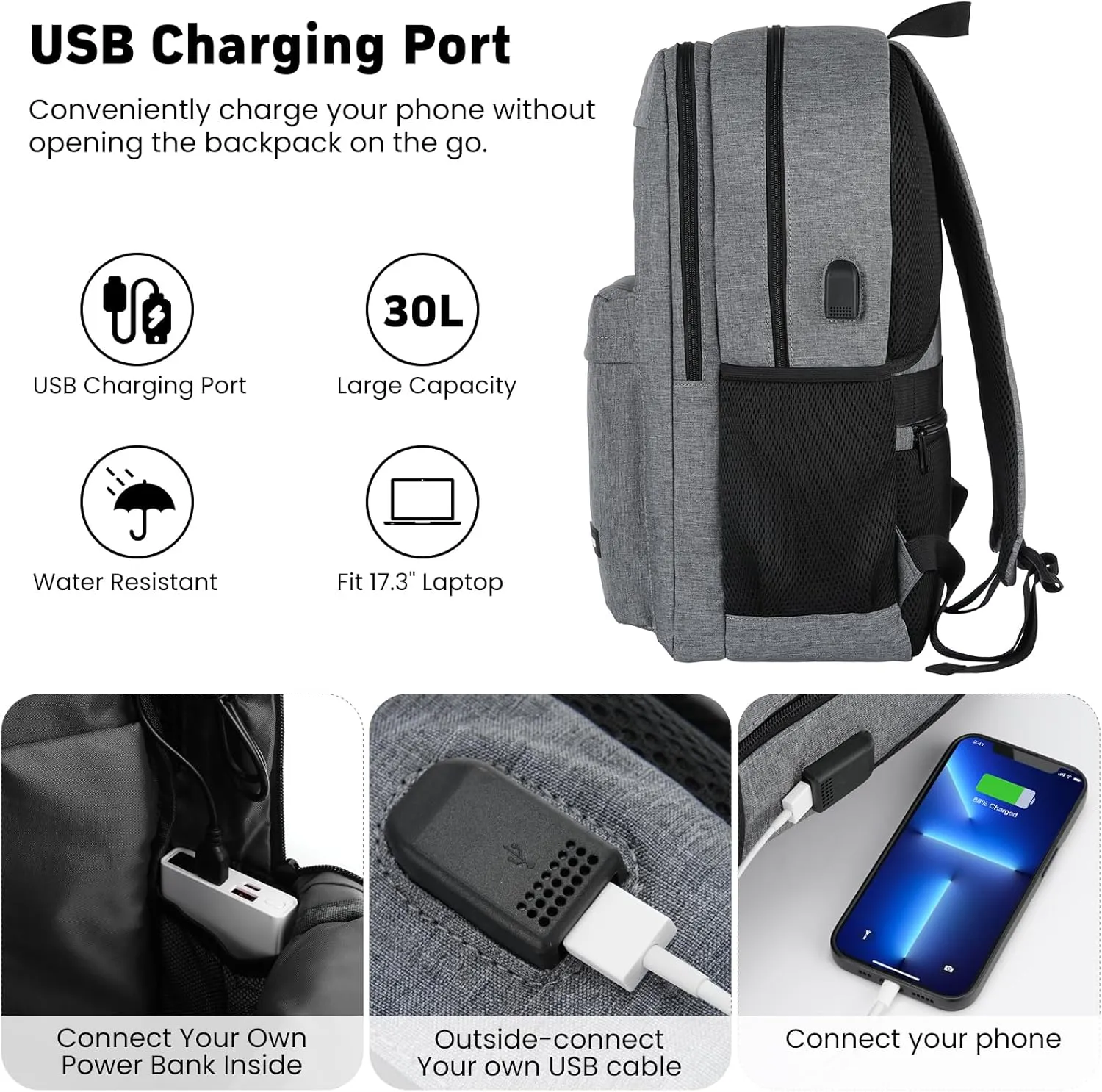 Backpack for Men and Women, School Backpacks for Teens Boys, 17.3 Inch Laptop Bookbag Classic Computer Bag with 2 Compartment & USB Charger Port for College Work Travel Business (Dark Gray)