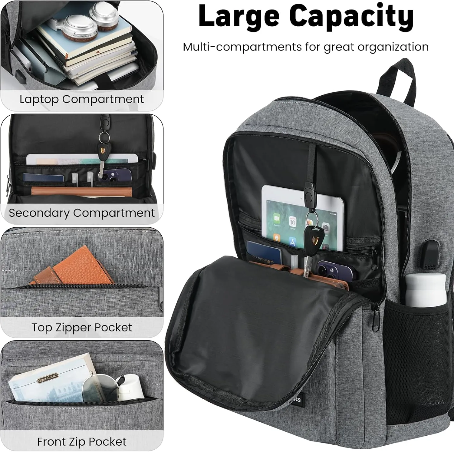 Backpack for Men and Women, School Backpacks for Teens Boys, 17.3 Inch Laptop Bookbag Classic Computer Bag with 2 Compartment & USB Charger Port for College Work Travel Business (Dark Gray)