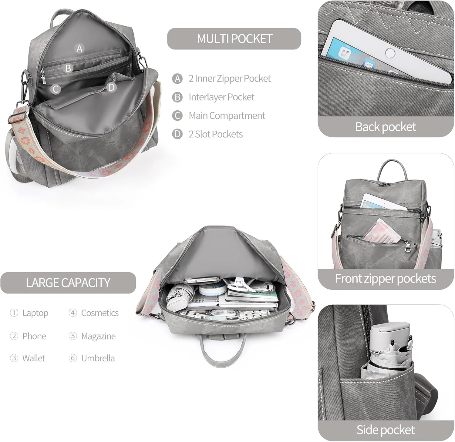 Backpack Purse for Women Pu Leather Travel Backpack Fashion Designer Shoulder Bag Ladies Convertible Handbags