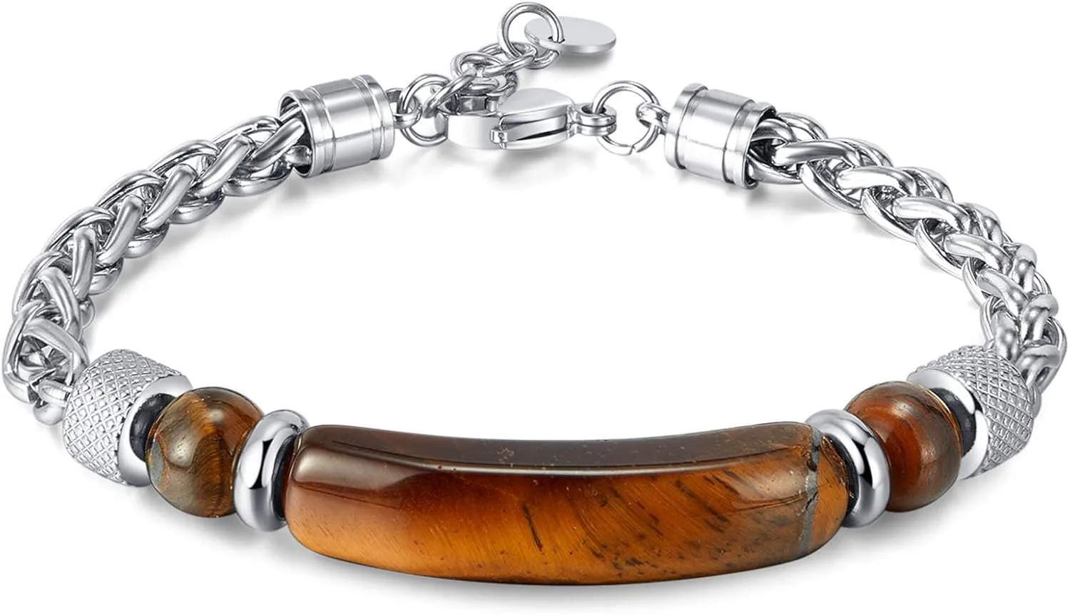 Bar Tiger Eye Bead Bracelet Stainless Steel Wheat Link Chain Bracelet