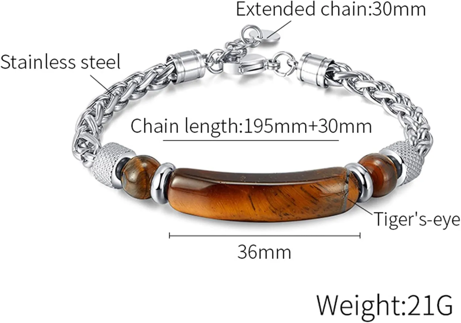 Bar Tiger Eye Bead Bracelet Stainless Steel Wheat Link Chain Bracelet