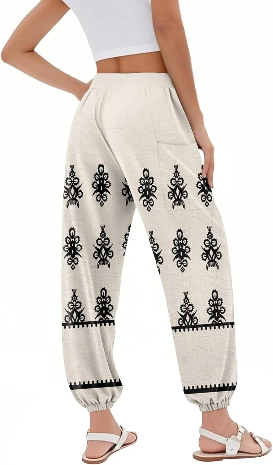 Beach Pants for Women High Waisted Harem Elastic Waist Summer Boho Hippie Drawstring Yoga Pants Straight Leg Outfits