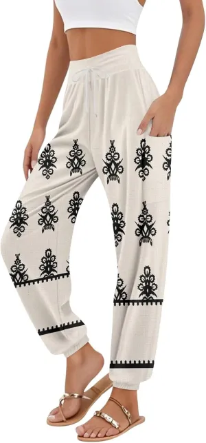 Beach Pants for Women High Waisted Harem Elastic Waist Summer Boho Hippie Drawstring Yoga Pants Straight Leg Outfits
