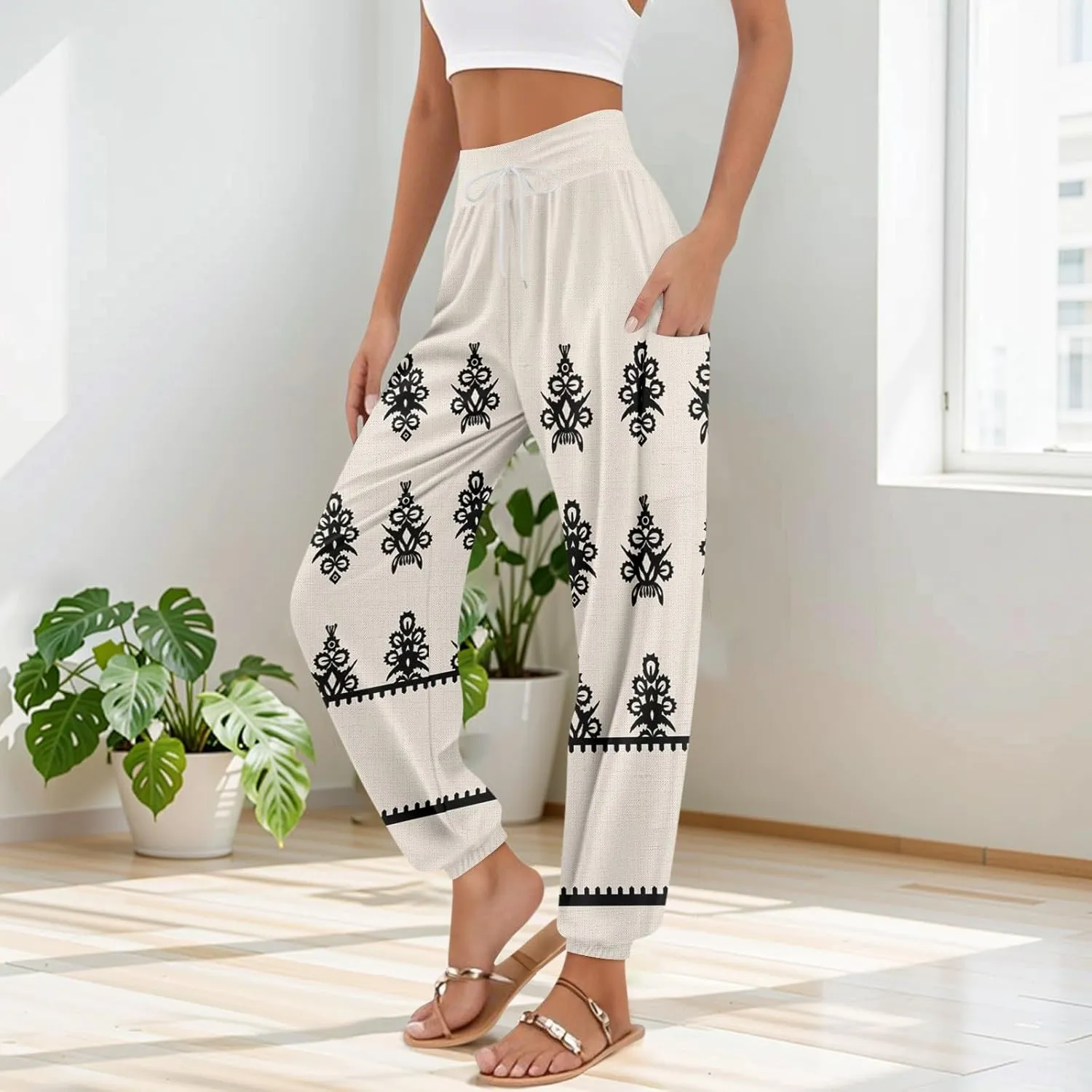 Beach Pants for Women High Waisted Harem Elastic Waist Summer Boho Hippie Drawstring Yoga Pants Straight Leg Outfits