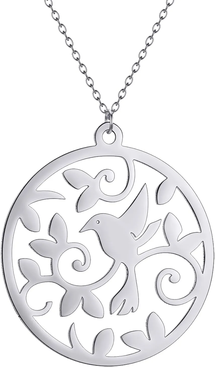 Beautiful Nightingale Bird on a Branch .925 Sterling Silver Round Pendant Necklace | Nightingale Bird Pendant Necklace for Women