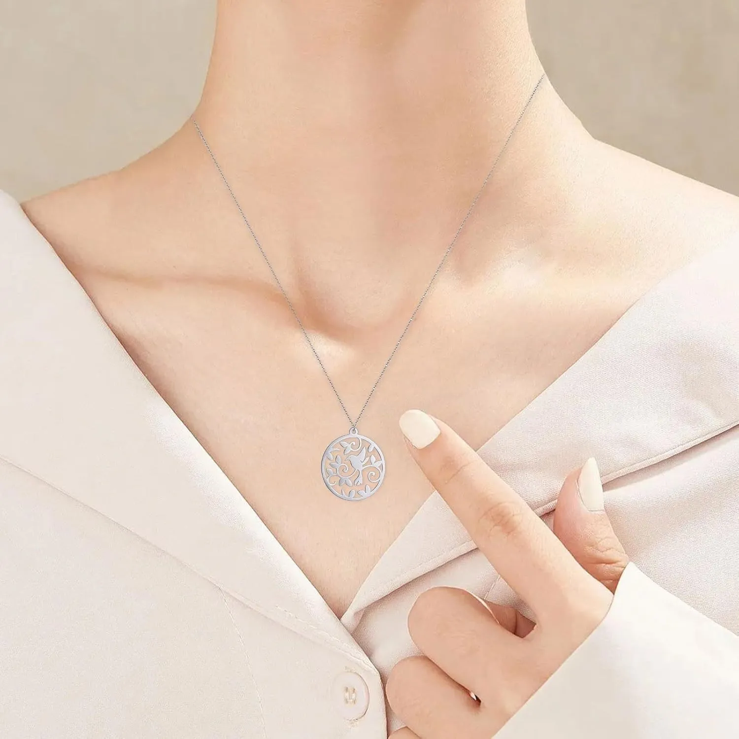 Beautiful Nightingale Bird on a Branch .925 Sterling Silver Round Pendant Necklace | Nightingale Bird Pendant Necklace for Women