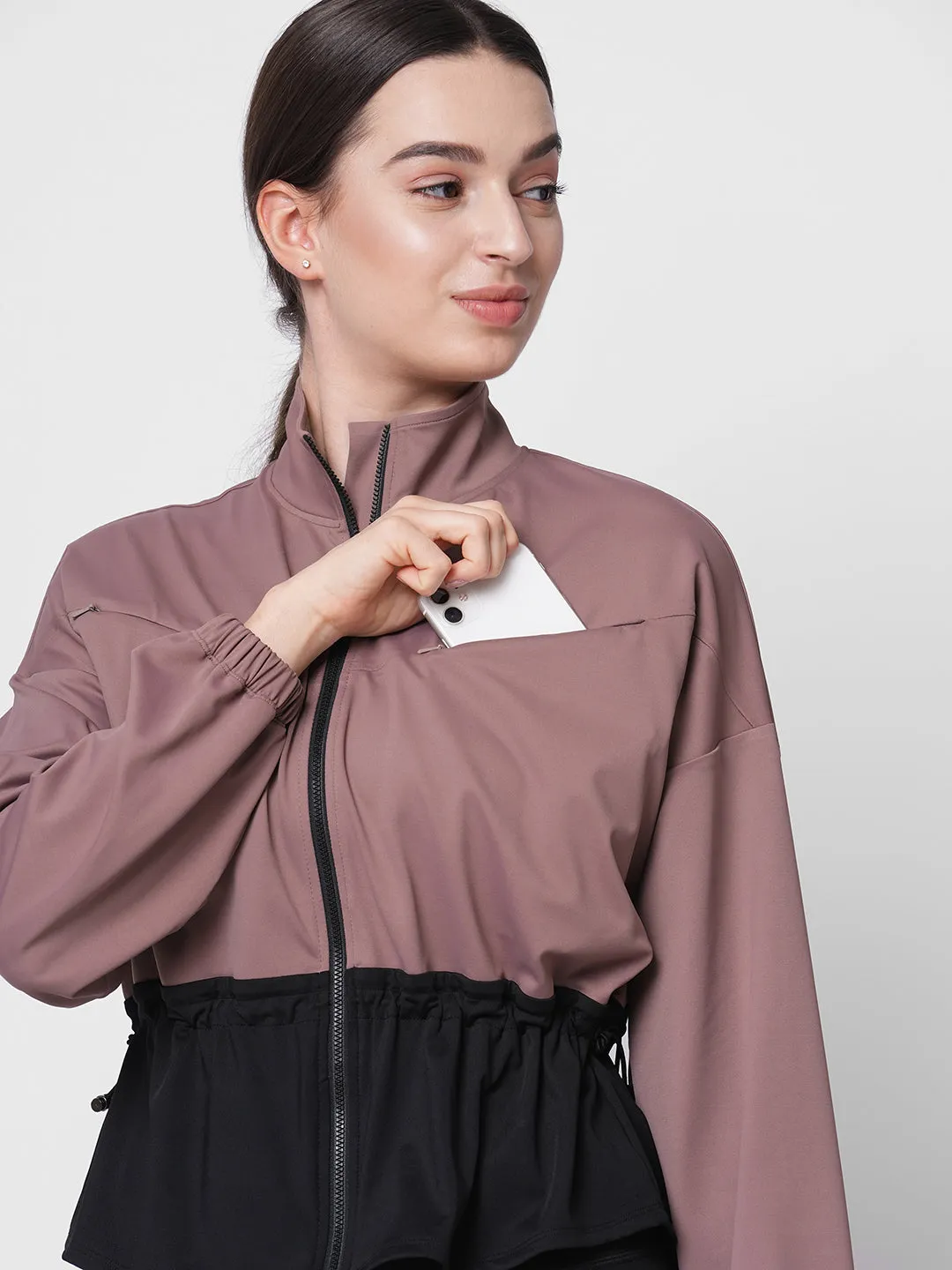Beige colorblock fit and flare jacket