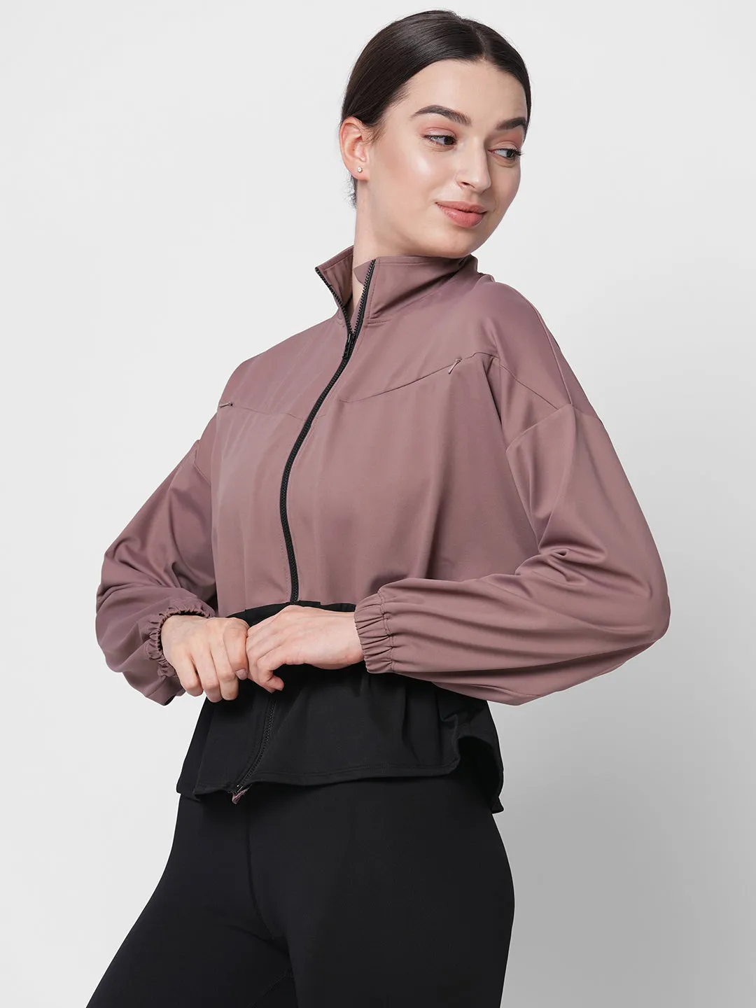 Beige colorblock fit and flare jacket