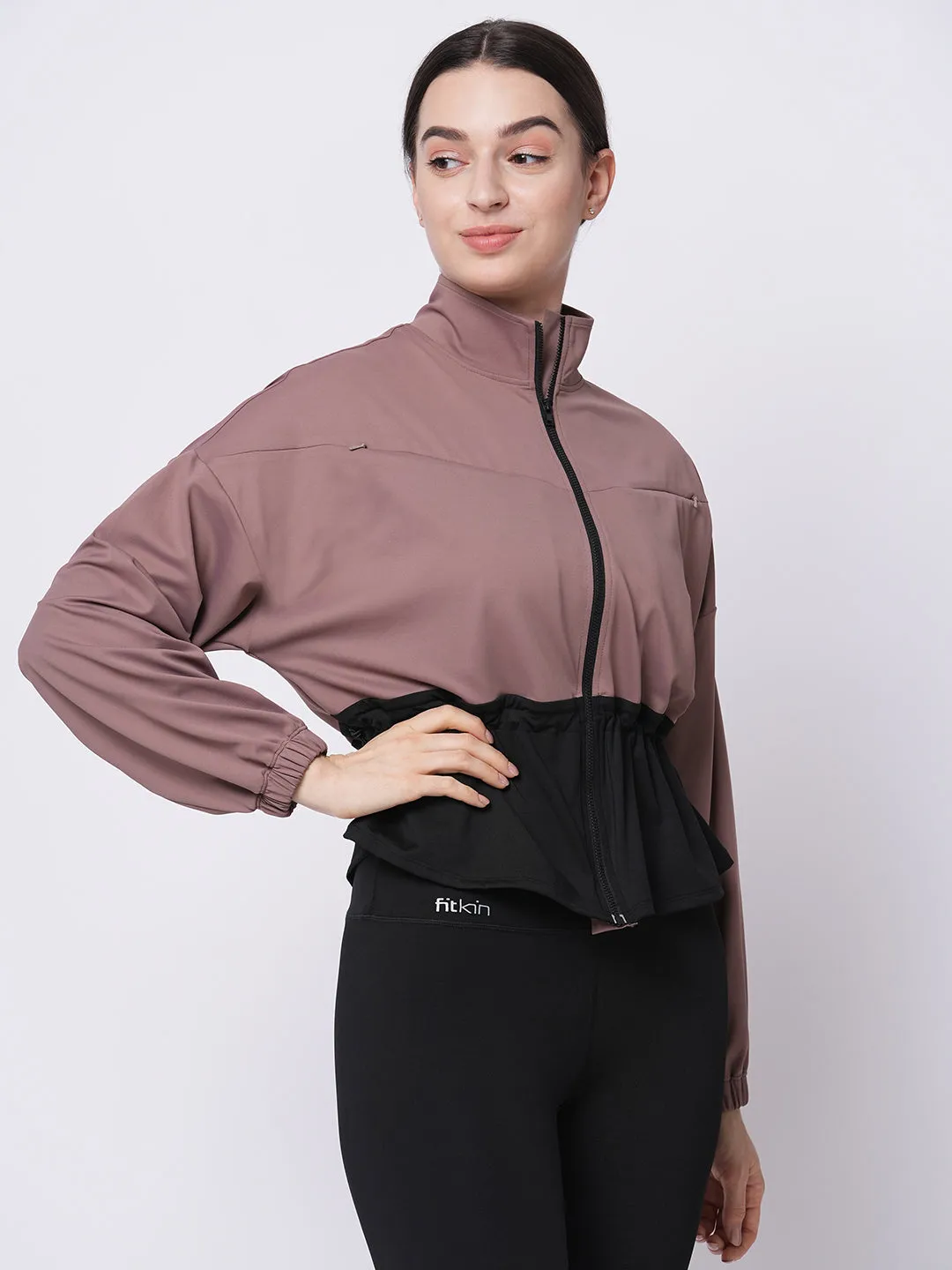 Beige colorblock fit and flare jacket