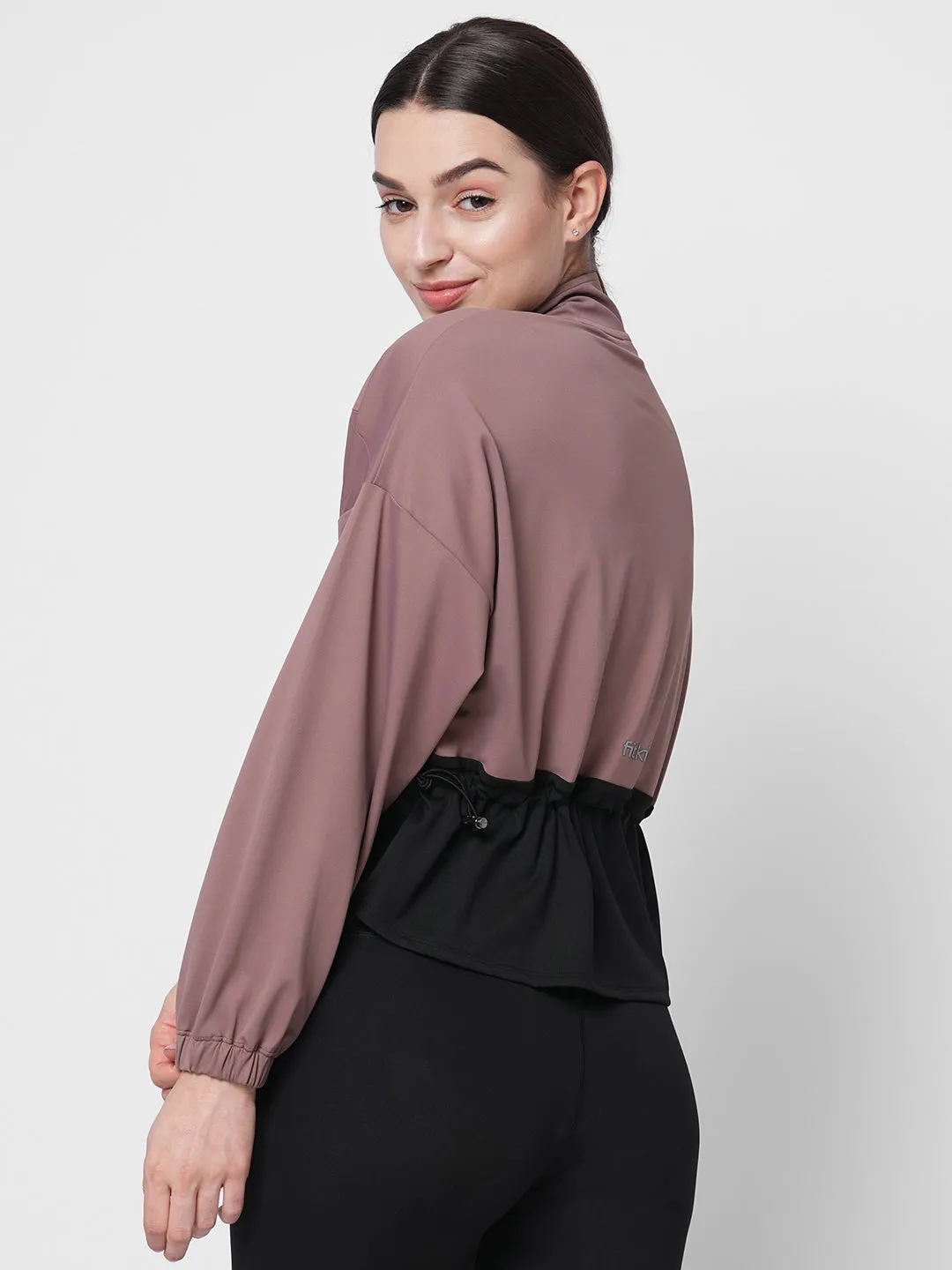 Beige colorblock fit and flare jacket