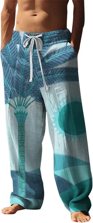 Big and Tall Linen Pants Tree Printed Drawstring Straight Leg Trousers Causal Baggy Summer Elastic Waist Drawstring