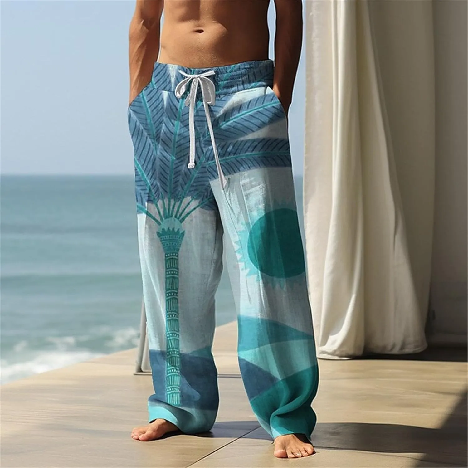 Big and Tall Linen Pants Tree Printed Drawstring Straight Leg Trousers Causal Baggy Summer Elastic Waist Drawstring