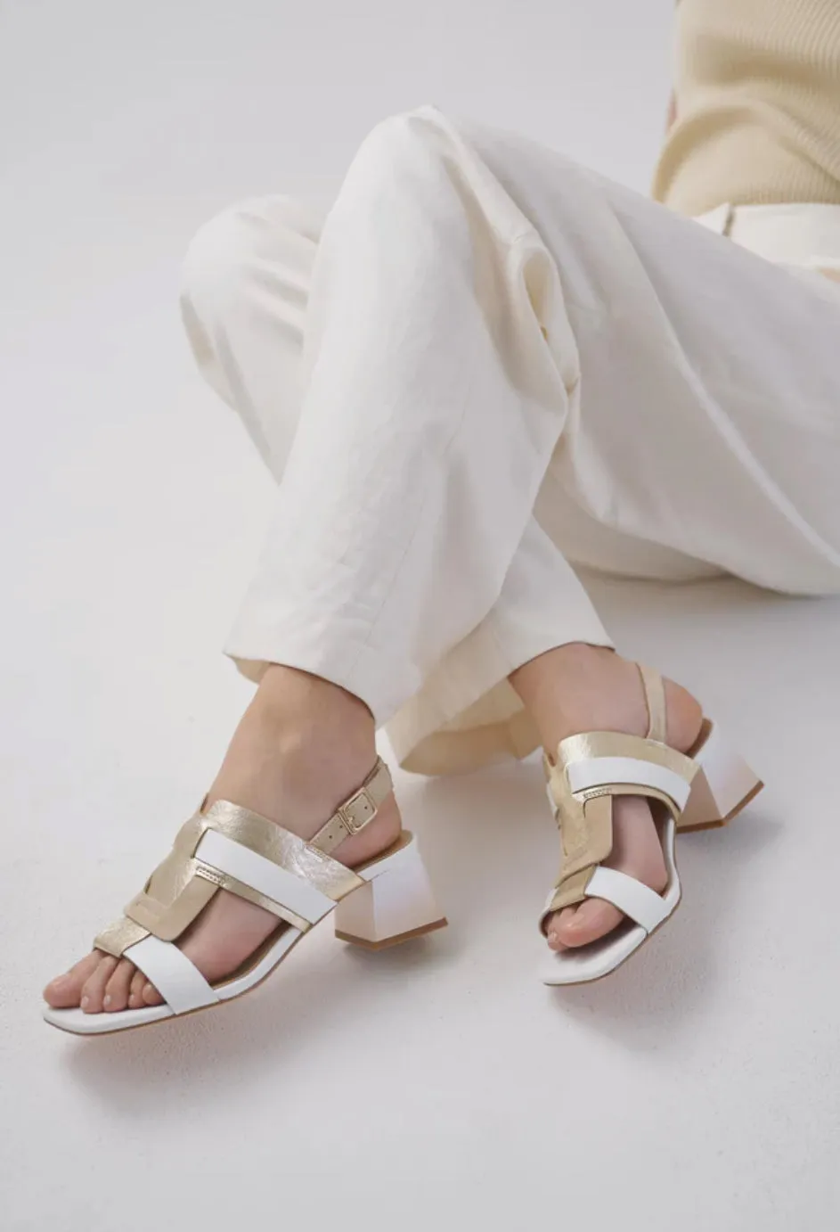 Block Heel Sandal - White Gold