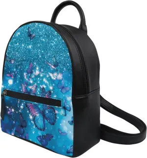 Blue Butterfly Packs, Pu Leather Mini Backpack for Women, Ladies Kids Casual Outdoor Shoulder Strap Small Backpack Stylish Rucksacks Multifunctional Satchels for Kids Age 5 
