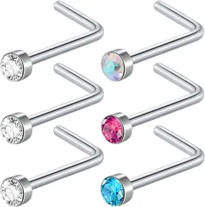 BLZ 20G 2mm Nose Studs for Women Men 6PCS L Shaped Nose Rings Studs Hypoallergenic Nose Piercings Jewelry