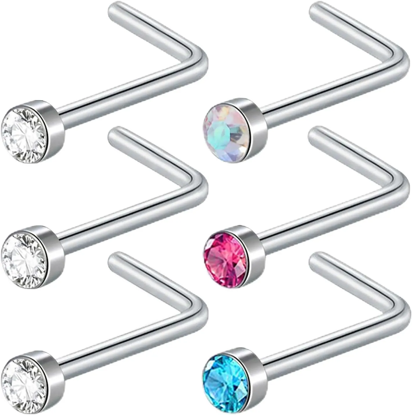 BLZ 20G 2mm Nose Studs for Women Men 6PCS L Shaped Nose Rings Studs Hypoallergenic Nose Piercings Jewelry