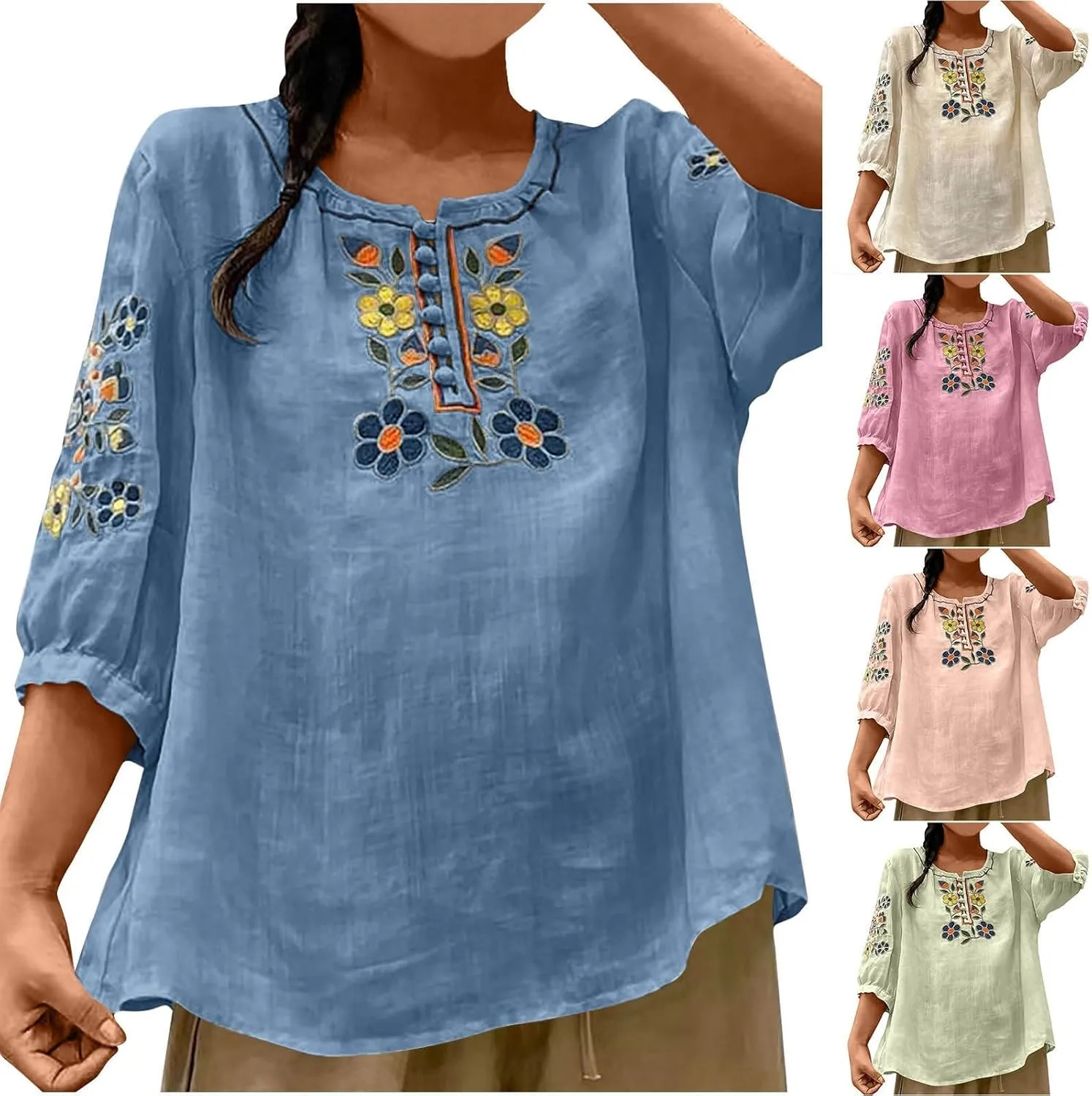 Boho Embroidered Tops for Women 2025 Cotton Linen Peasant Blouses Summer Lantern Sleeve Bohemian Shirts Tees Tunics