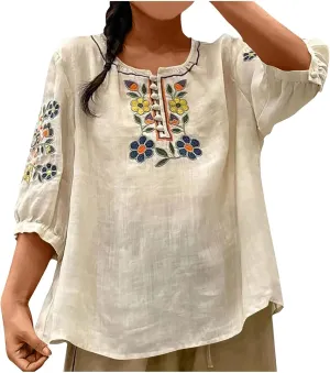 Boho Embroidered Tops for Women 2025 Cotton Linen Peasant Blouses Summer Lantern Sleeve Bohemian Shirts Tees Tunics