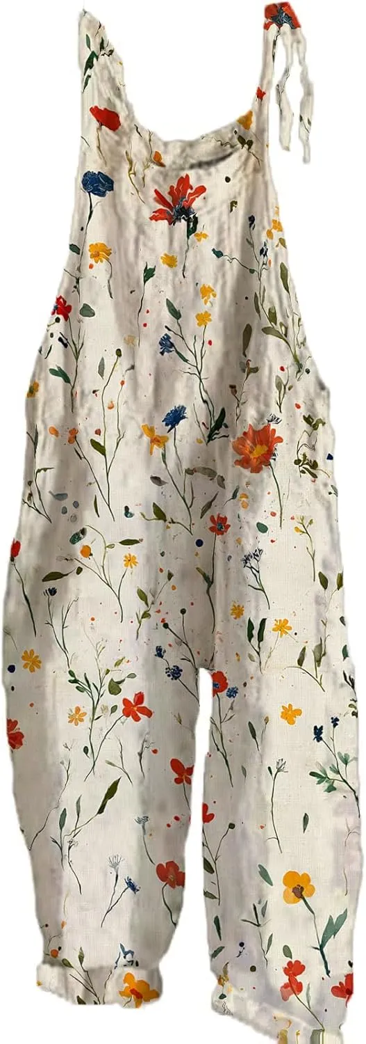 Boho Floral Jumpsuits For Women 2025 Summer Cotton Linen Flower Printed Overall Halter Baggy Comfy Beach Rompers