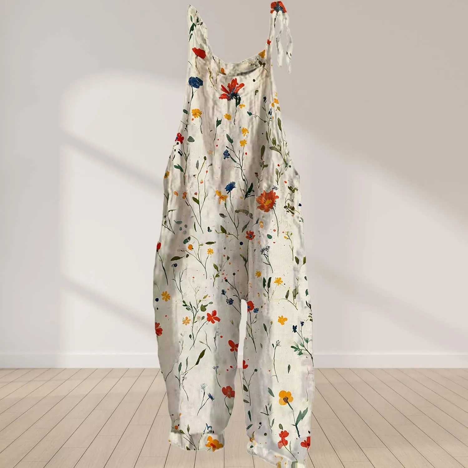 Boho Floral Jumpsuits For Women 2025 Summer Cotton Linen Flower Printed Overall Halter Baggy Comfy Beach Rompers