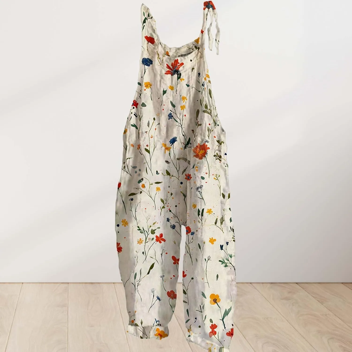 Boho Floral Jumpsuits For Women 2025 Summer Cotton Linen Flower Printed Overall Halter Baggy Comfy Beach Rompers