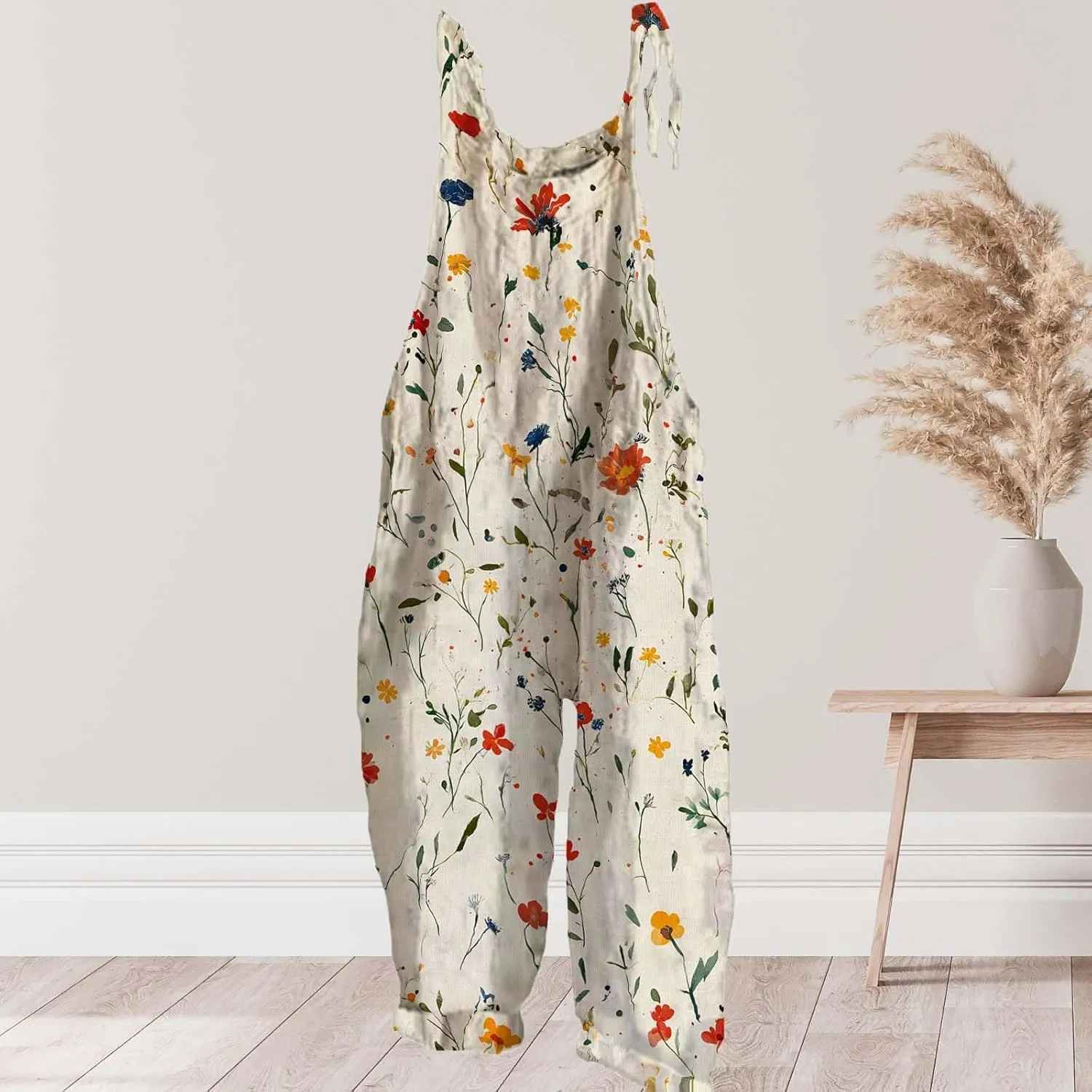 Boho Floral Jumpsuits For Women 2025 Summer Cotton Linen Flower Printed Overall Halter Baggy Comfy Beach Rompers