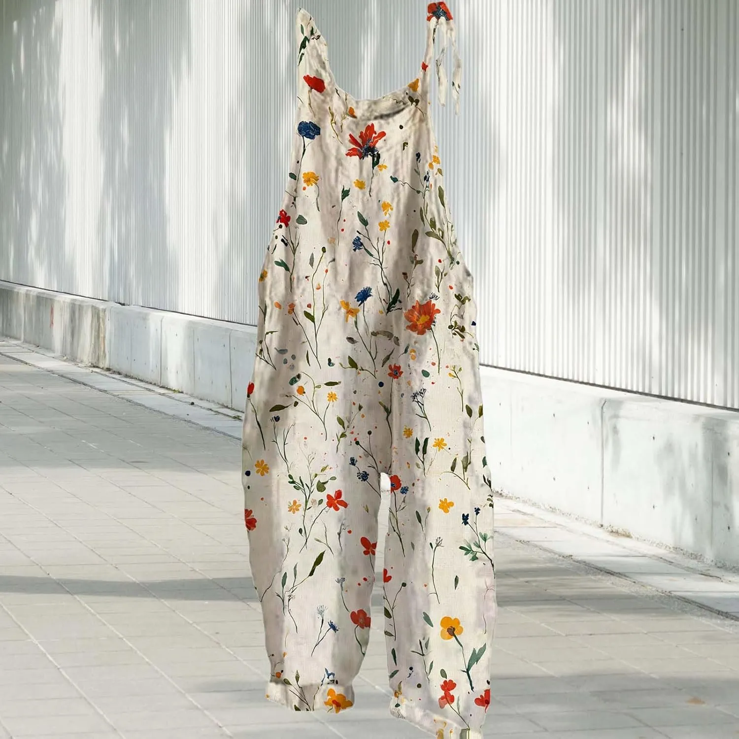 Boho Floral Jumpsuits For Women 2025 Summer Cotton Linen Flower Printed Overall Halter Baggy Comfy Beach Rompers