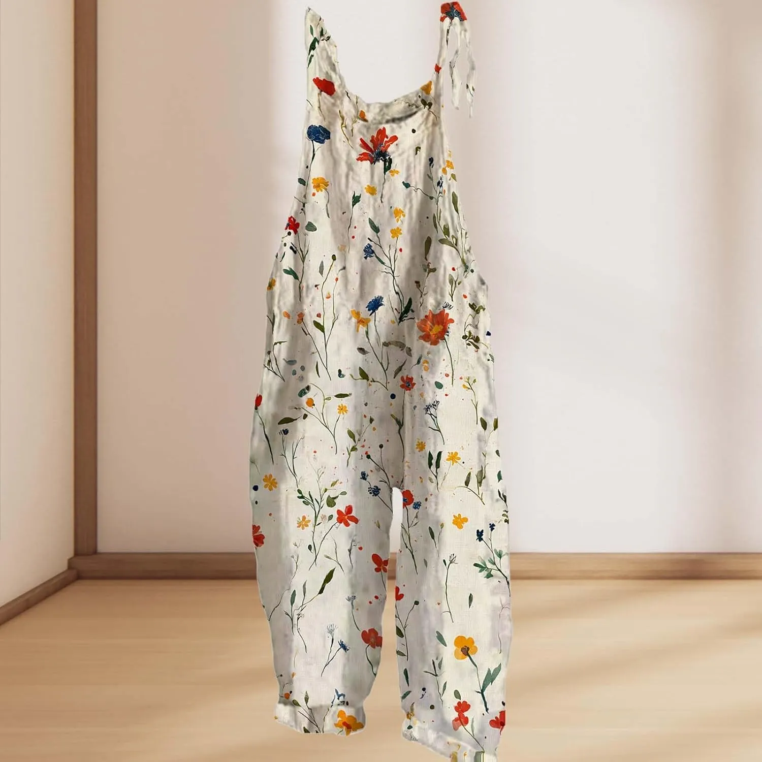 Boho Floral Jumpsuits For Women 2025 Summer Cotton Linen Flower Printed Overall Halter Baggy Comfy Beach Rompers