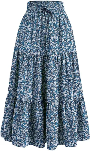 Boho Floral Maxi Skirts for Women Womens A-Line Pleated Long Skirts High Waisted Flowy Summer Dresses