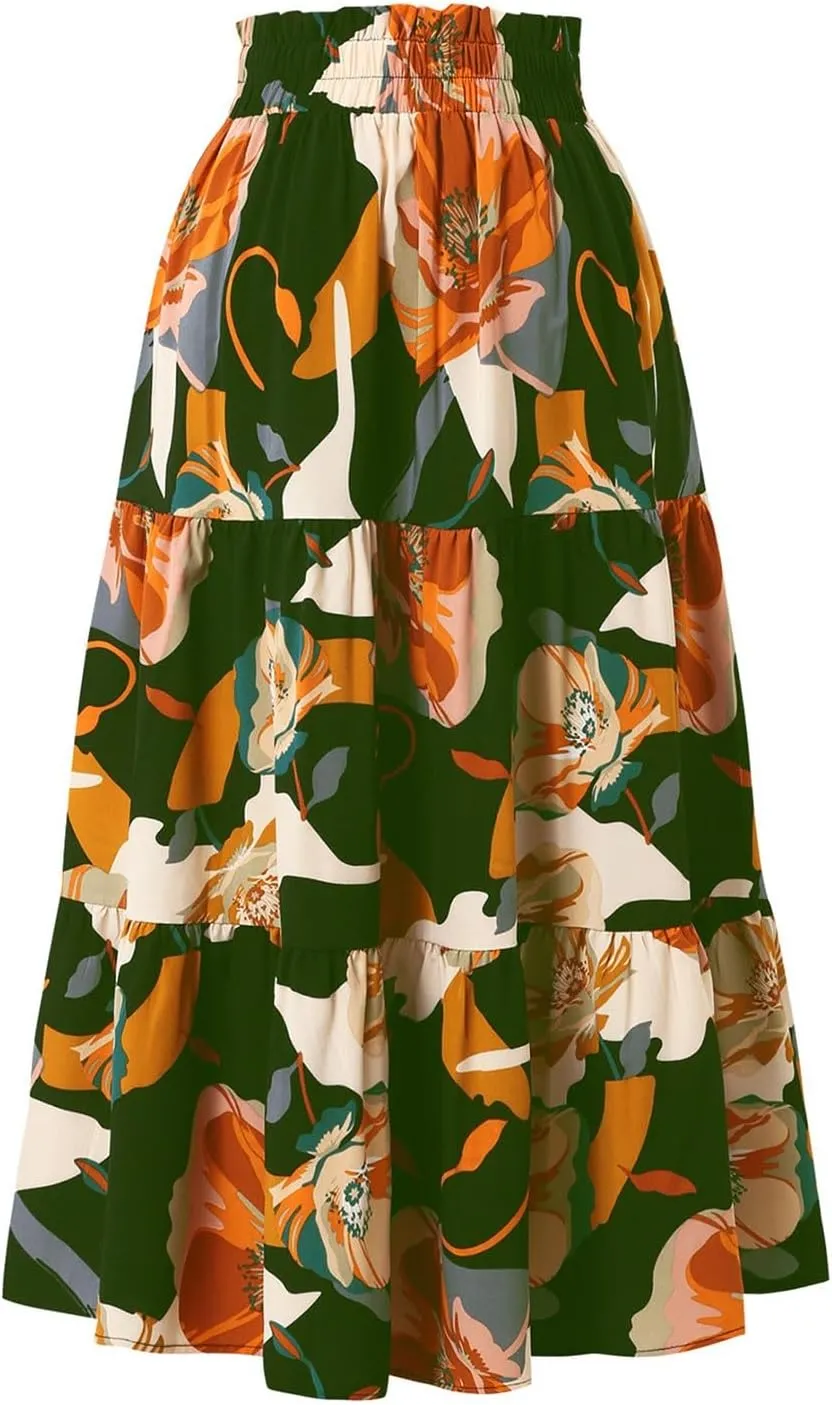 Boho Midi Skirts for Women A Line Pleated Tiered Floral Skirt Flowy Ruffle Hem Skater Skirt Summer Bohemian Clothes