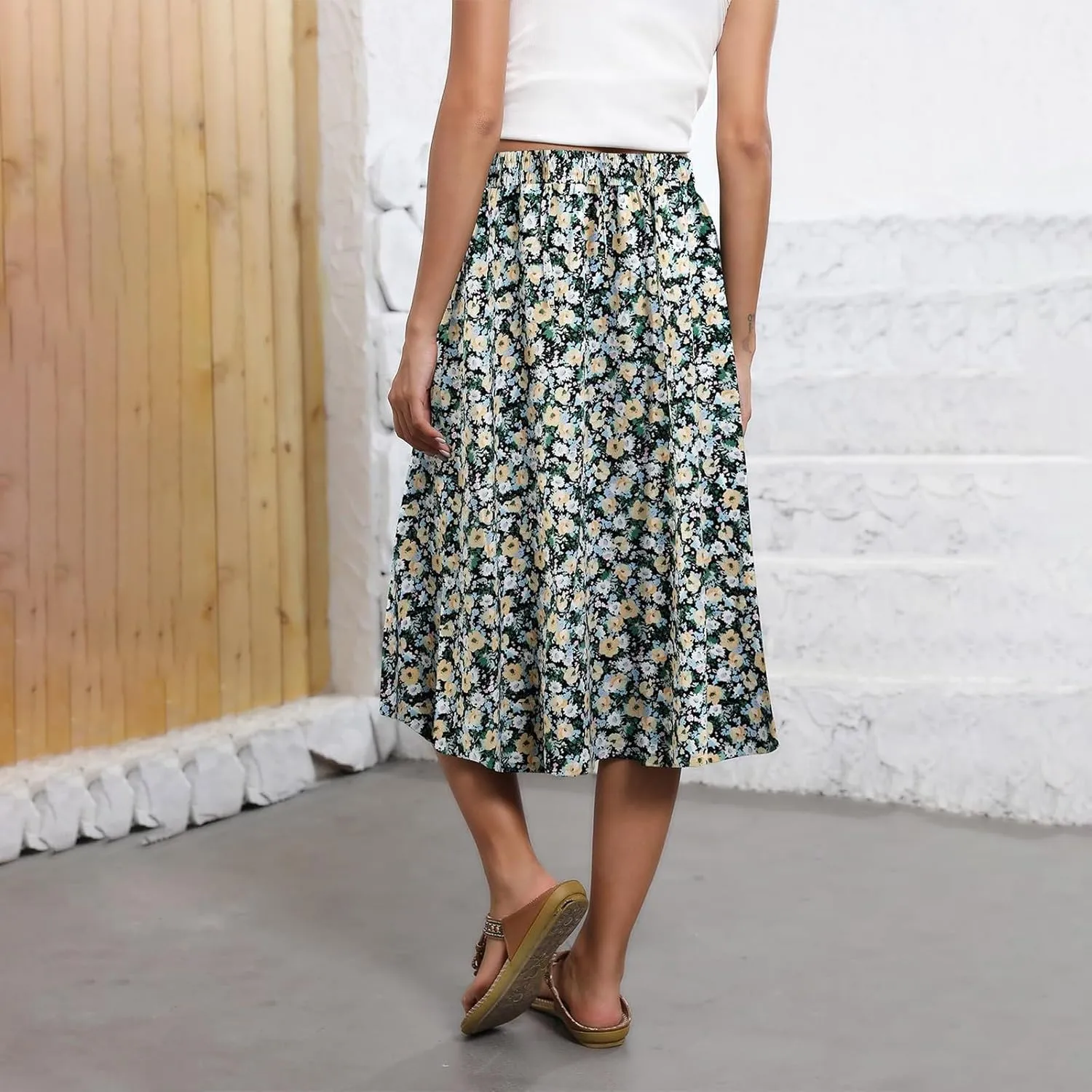 Boho Skirts for Women 2025 Summer Drawstring High Waisted Midi Wrap Skirt Elegant A Line Skirt Knee Length with Pocket