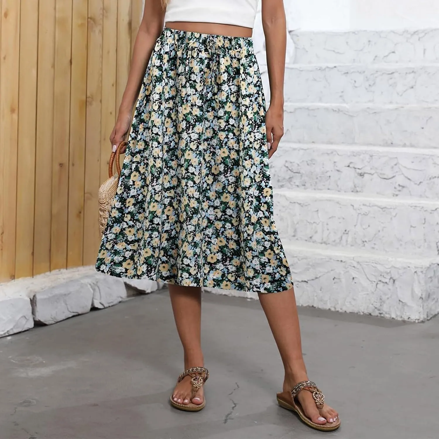 Boho Skirts for Women 2025 Summer Drawstring High Waisted Midi Wrap Skirt Elegant A Line Skirt Knee Length with Pocket