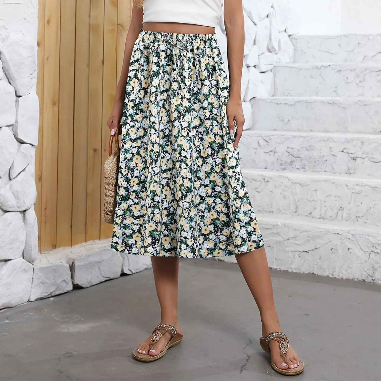 Boho Skirts for Women 2025 Summer Drawstring High Waisted Midi Wrap Skirt Elegant A Line Skirt Knee Length with Pocket