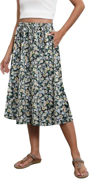 Boho Skirts for Women 2025 Summer Drawstring High Waisted Midi Wrap Skirt Elegant A Line Skirt Knee Length with Pocket