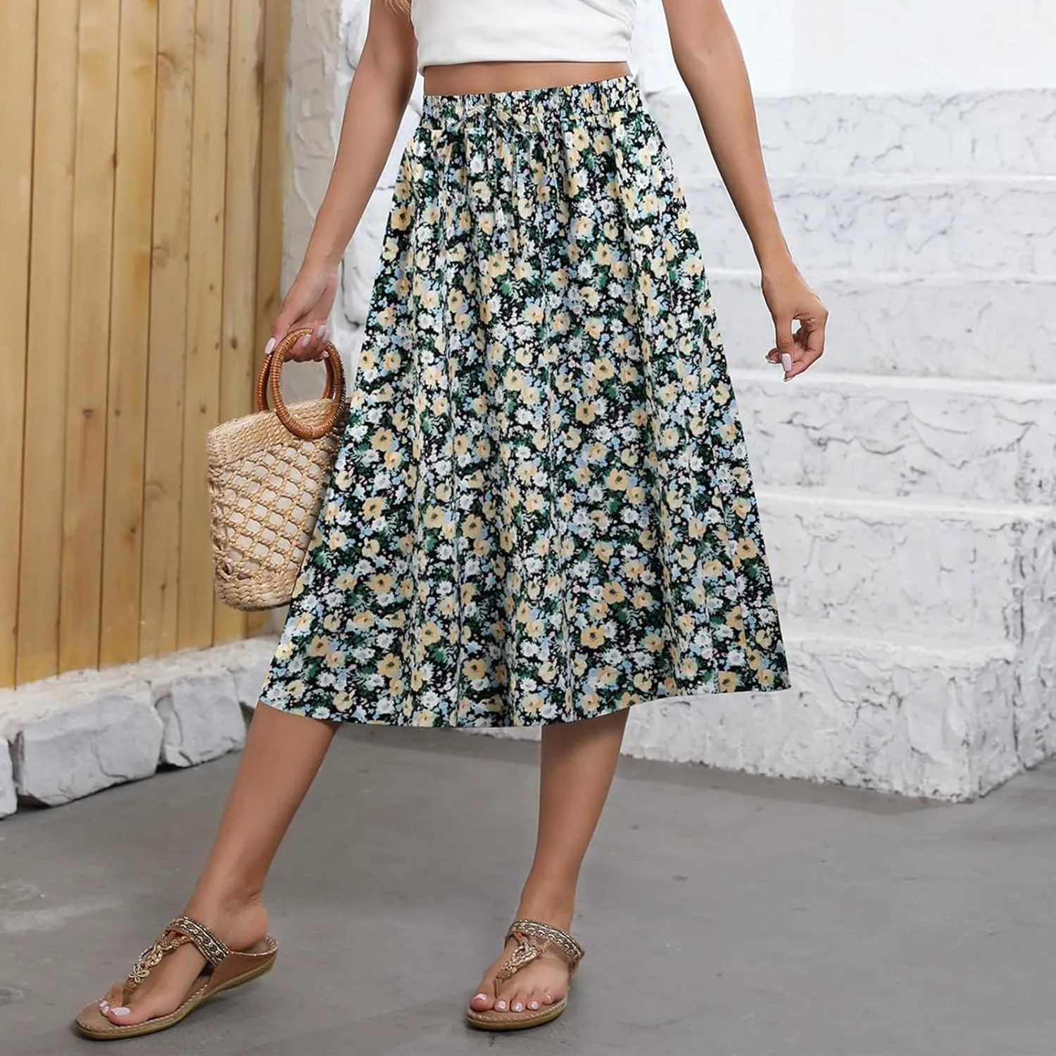 Boho Skirts for Women 2025 Summer Drawstring High Waisted Midi Wrap Skirt Elegant A Line Skirt Knee Length with Pocket