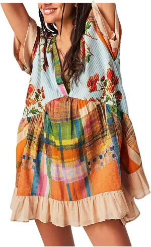 Boho Summer Dresses for Women Short Y2k Babydoll Dress Ruffle Mini Dress Deep V-Neck Casual Floral Tropical Sundress