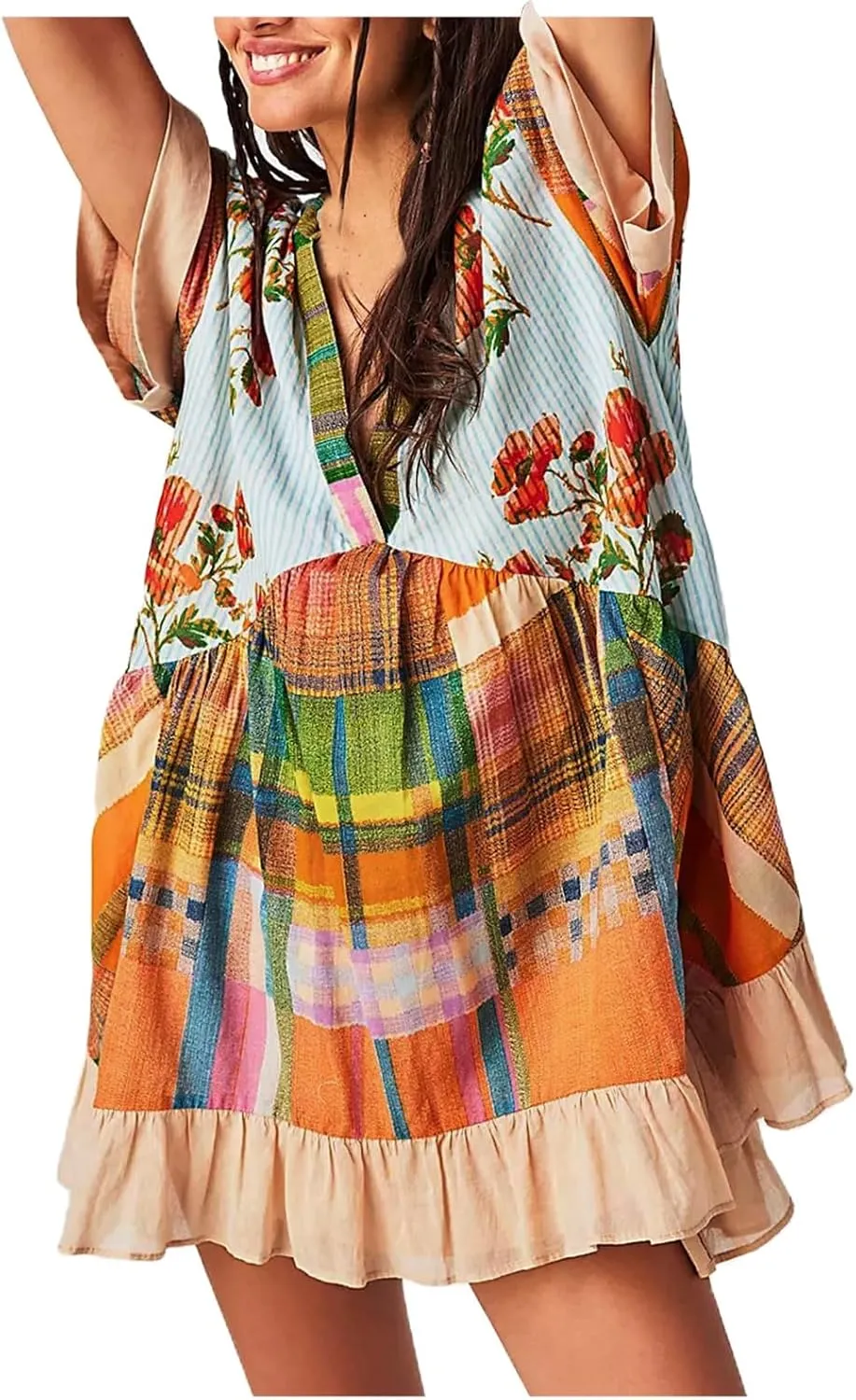 Boho Summer Dresses for Women Short Y2k Babydoll Dress Ruffle Mini Dress Deep V-Neck Casual Floral Tropical Sundress
