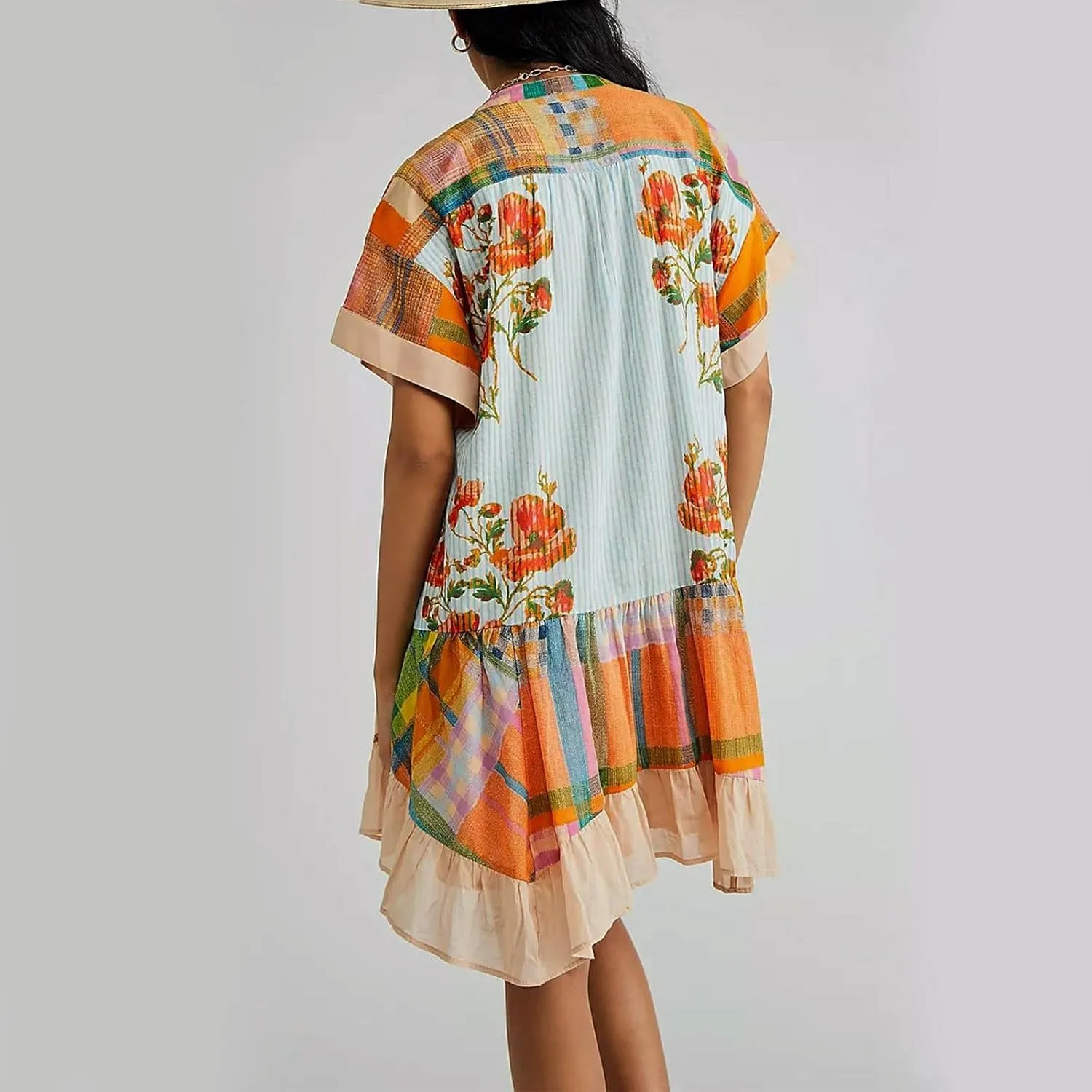 Boho Summer Dresses for Women Short Y2k Babydoll Dress Ruffle Mini Dress Deep V-Neck Casual Floral Tropical Sundress