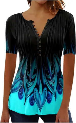 Boho Tops for Women Summer Casual Bohemian Floral Print Short Sleeve Empire Waist Button Down Shirts Elegant Blouses