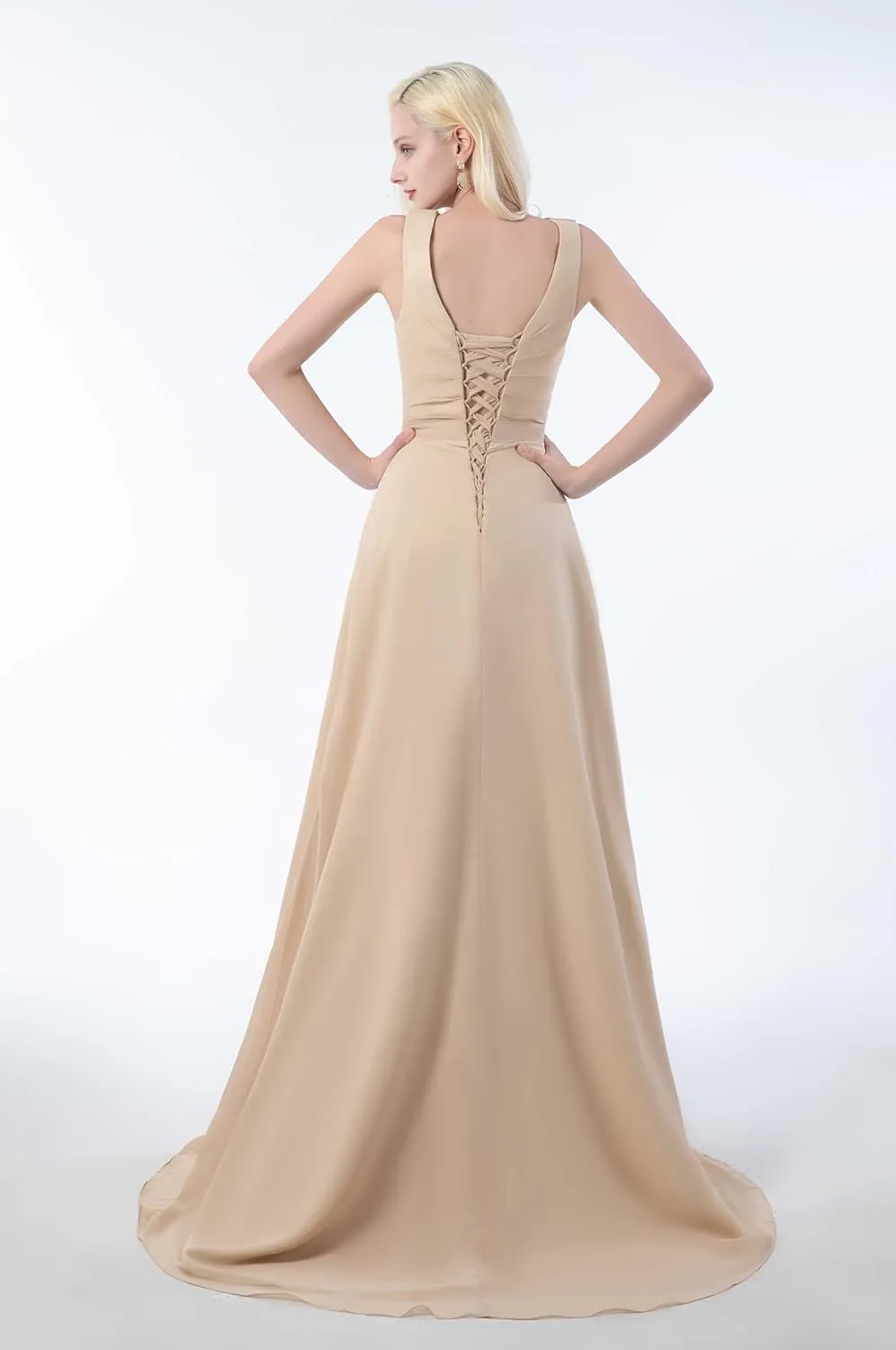 BOLENSYE Women's Cowl Neck Bridesmaid Dresses Long for Wedding Ruched Chiffon Wrap Slit Formal Evening Party Gown