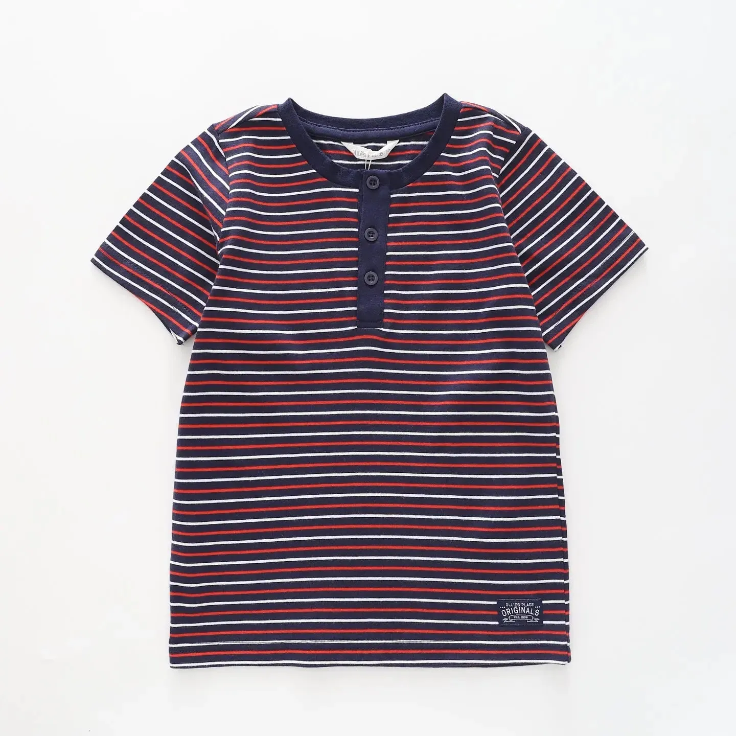 Boy's Navy, Red And White Striped Henley T-shirt