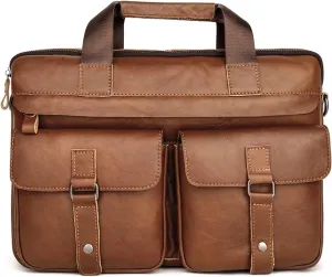 Briefcases Genuine Leather Men's Briefcases 15.6" Laptop Bag Office Bags for Men Document Business Bag(Brown)