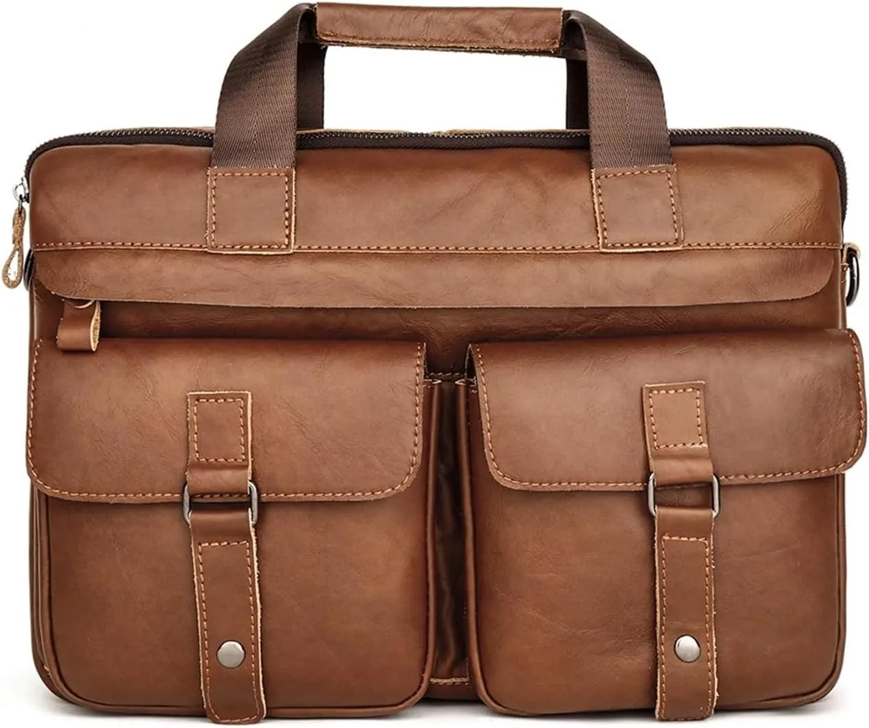 Briefcases Genuine Leather Men's Briefcases 15.6" Laptop Bag Office Bags for Men Document Business Bag(Brown)