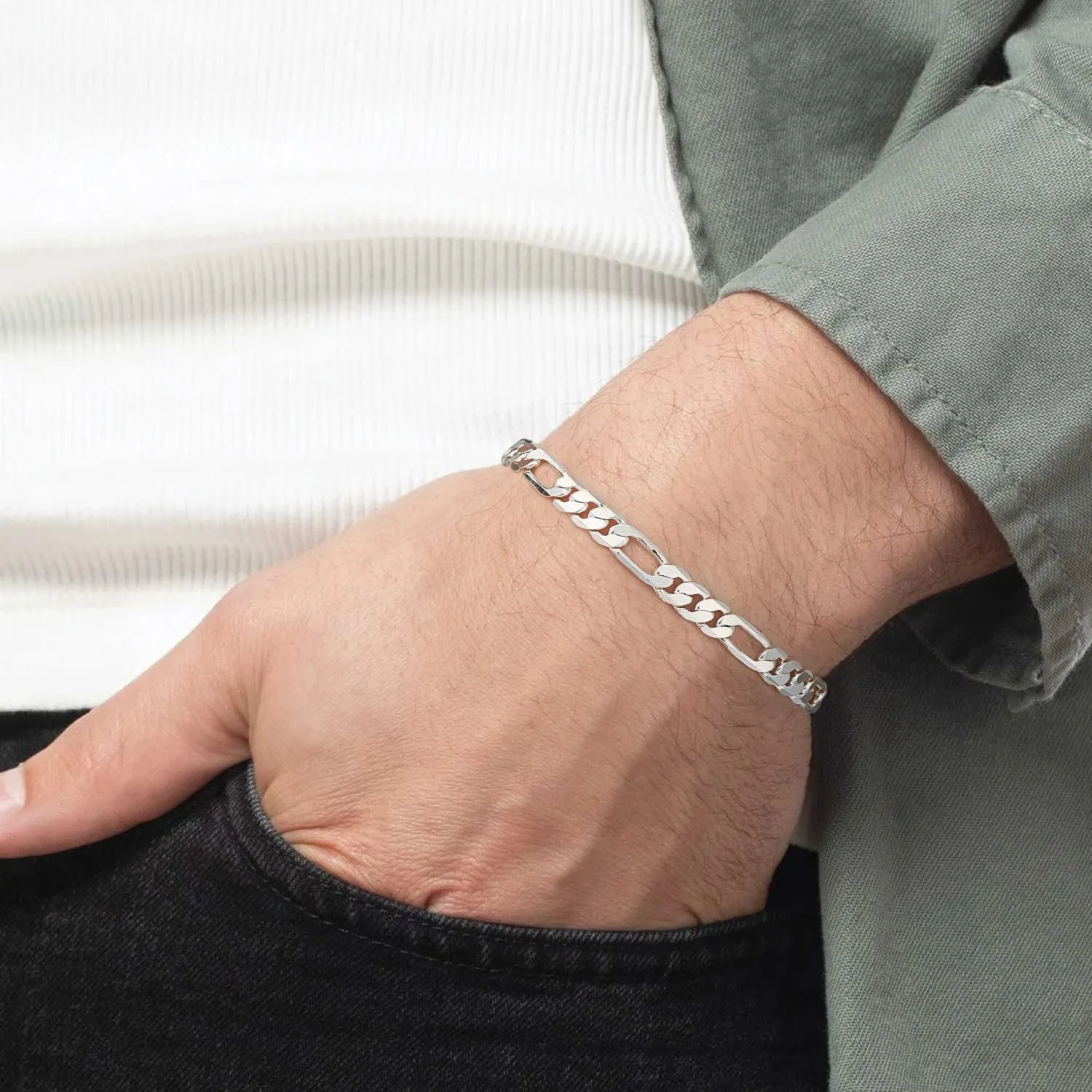 BRIJEWNES 925 Sterling Silver Clasp 4/5mm Figaro Chain Bracelets for Men Women Solid Diamond Cut Figaro Chain Mens Bracelet Chain Bracelets for Men Jewelry Men Gifts