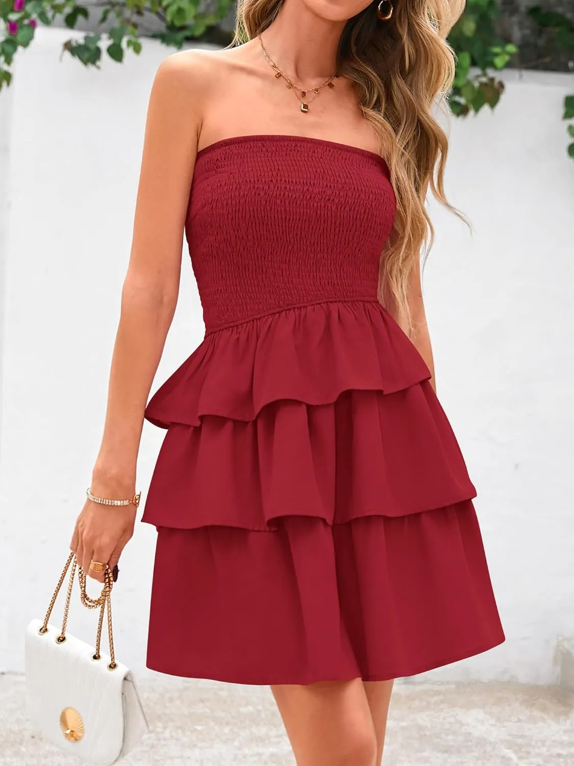 BTFBM Summer Dresses for Women Beach Dresses Strapless Boho Sundress Solid Color Tube Mini Dresses Party Dresses