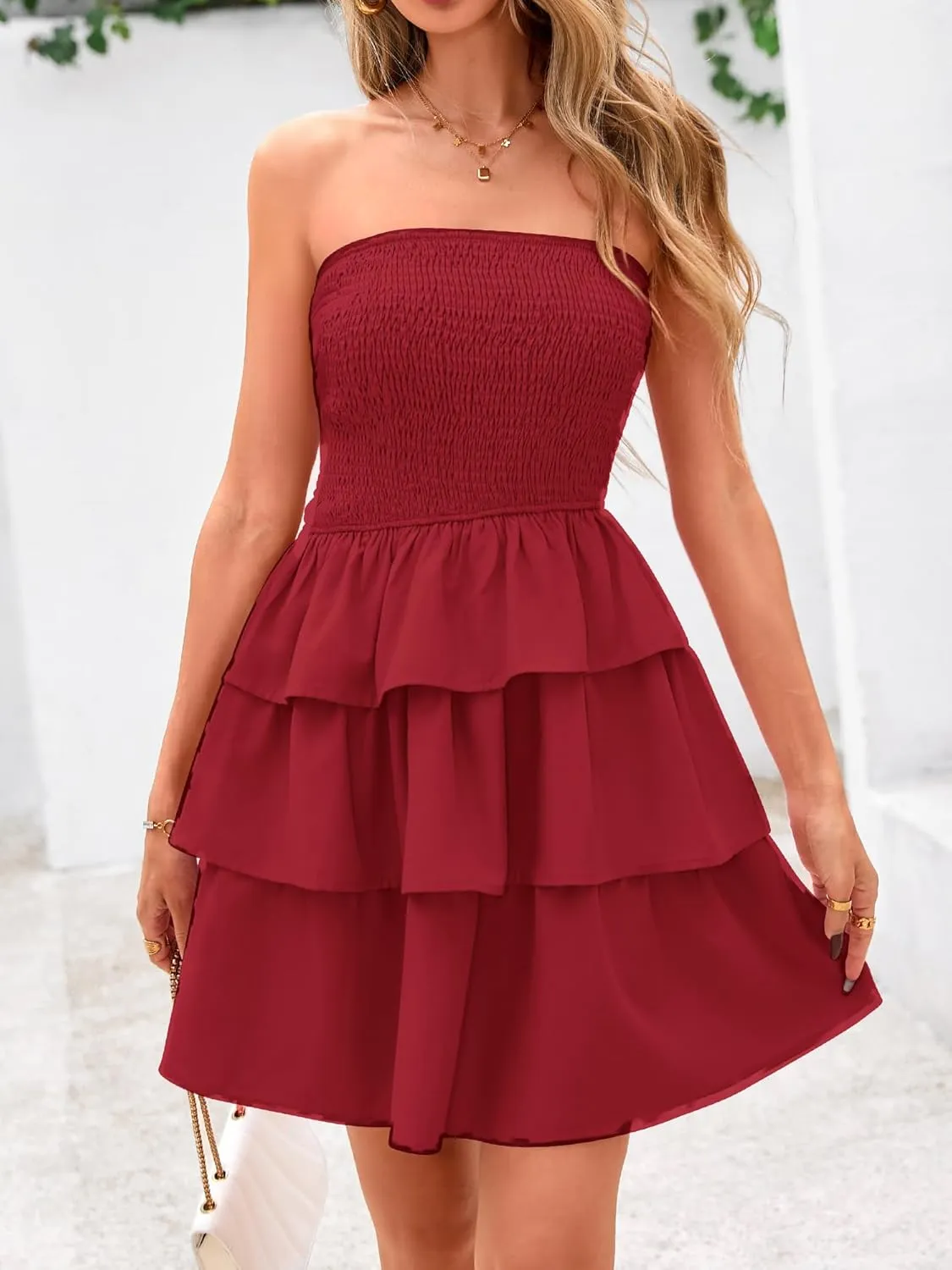 BTFBM Summer Dresses for Women Beach Dresses Strapless Boho Sundress Solid Color Tube Mini Dresses Party Dresses