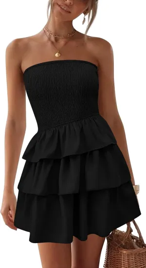 BTFBM Summer Dresses for Women Beach Dresses Strapless Boho Sundress Solid Color Tube Mini Dresses Party Dresses