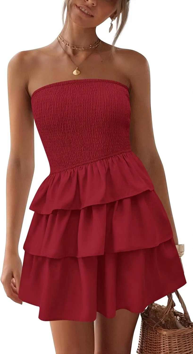 BTFBM Summer Dresses for Women Beach Dresses Strapless Boho Sundress Solid Color Tube Mini Dresses Party Dresses